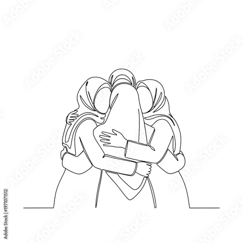 Three women hugging each other tightly.