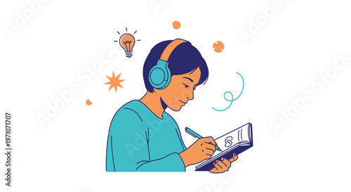 Creative Remote Worker Sketching Ideas with Pen in Notebook, Brainstorming Concepts