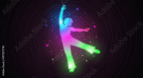 Vibrant neon person dancing energetically with colorful gradient glow on dark background with sparkling particles