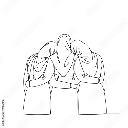 Three women hugging each other tight.