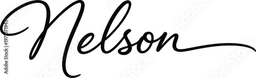 A elegant black cursive signature of the name Nelson on a white background