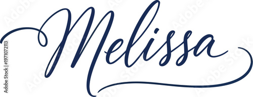 A elegant cursive script logo featuring the name Melissa in dark blue on a white background