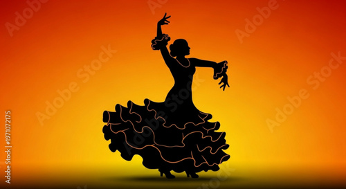 Flamenco dancer silhouette performing passionate dance against vibrant orange sunset background with raised arms