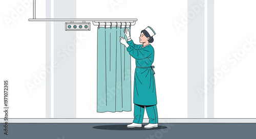 Nurse Adjusting Medical Curtain in Modern Hospital Room
