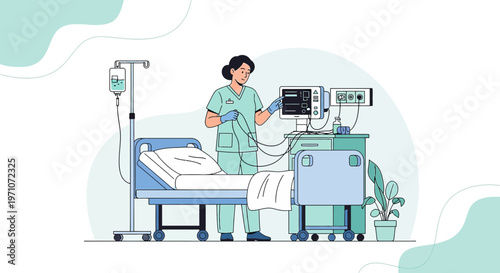 Nurse Adjusting Medical Equipment Next to Hospital Bed
