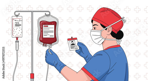 Nurse Administering Blood Transfusion with IV Drip and Patient ID Card