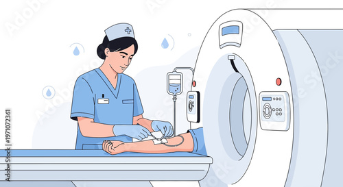 Nurse Administering IV Contrast for CT Scan Procedure in Medical Imaging Room