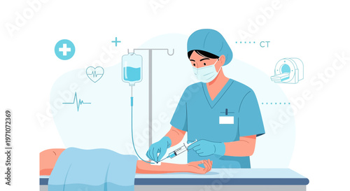 Nurse Administering IV Drip to Patient in Hospital Room with Medical Icons