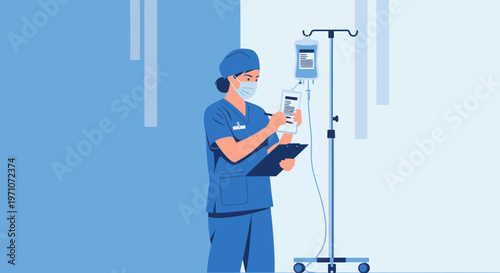 Nurse Administering IV Drip and Checking Patient Chart in Hospital Room