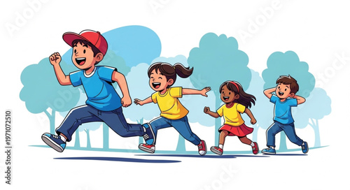 Diverse group of children running happily outdoors in a park setting.