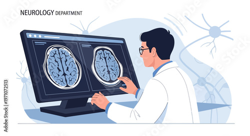 Neurologist examining brain MRI scans on computer screen in modern medical office