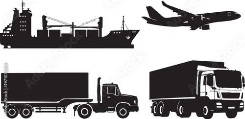 cargo movement truck ship plane silhouette set black
