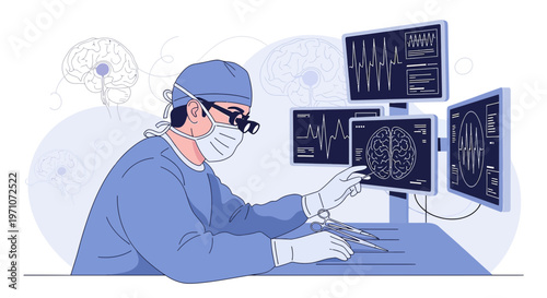 Neurosurgeon in sterile OR using advanced technology for brain surgery monitoring