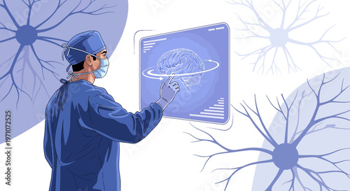 Neurosurgeon analyzing brain scan on futuristic interface, neurons background