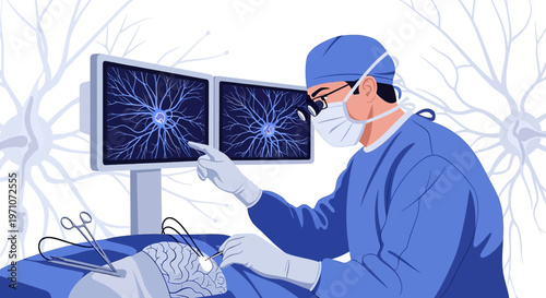 Neurosurgeon Performing Brain Surgery Using Advanced Technology and Monitors