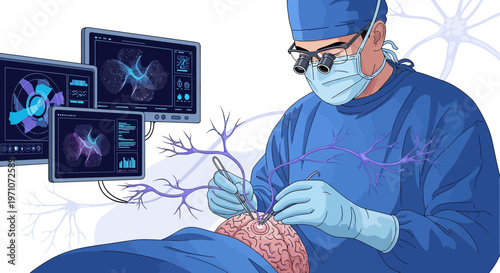 Neurosurgeon performing brain surgery with advanced technology and monitors