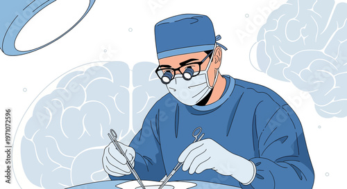 Neurosurgeon Performing Brain Surgery with Medical Team and Brain Graphics