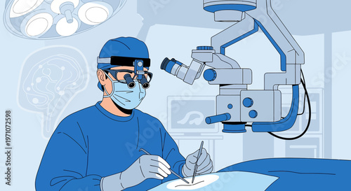 Neurosurgeon Performing Brain Surgery with Microscope and Medical Equipment