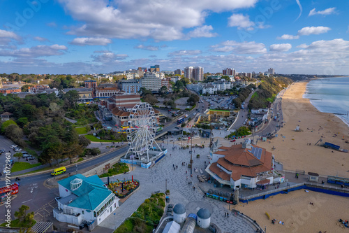 Bournemouth Pier aerial view, seaside coastline and beach in Dorset, England UK