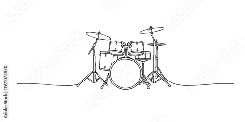 Single line drawing drum set.continuous line drawing of complete drum kit on stage.music instrument concept.one line vector illustration.