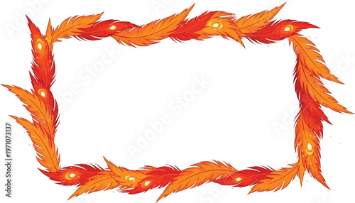 A vibrant orange and red feather frame with glowing accents on a white background