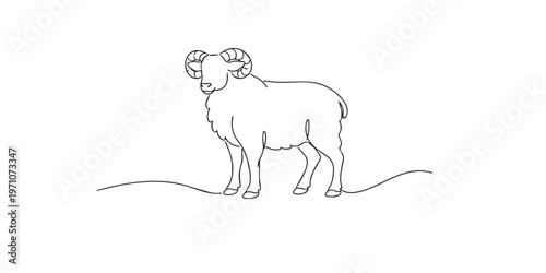 Single line drawing ram.continuous line drawing of horned sheep standing strong.nature livestock concept.one line vector illustration.