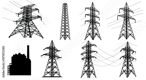 Electric Power Transmission Pylon Towers and Plant Silhouette Icons - Black Line Art Vector
