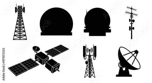 Telecommunication Technology Icons: Satellite, Antennas, Towers, Radomes, Dishes Silhouettes.
