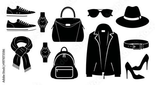Black  White Fashion  Apparel Glyphs: Collection of Clothing, Shoes, Bags, and Accessories Icons