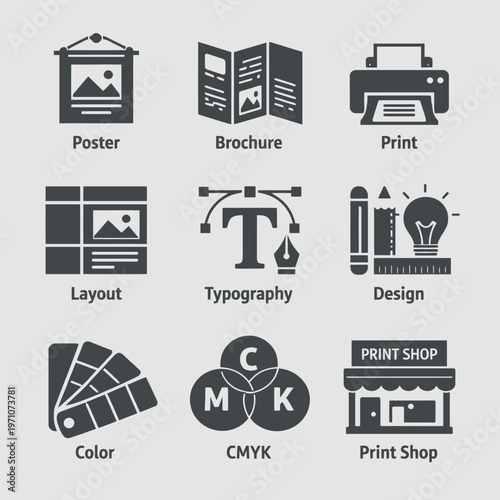 Graphic design elements: poster, brochure, print, layout, typography icons