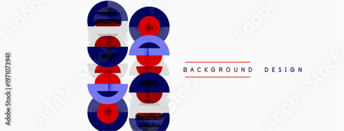 Abstract geometric pattern. Circles, rectangles combine creating modern visual. White background contrasts bold colors. Simple design.