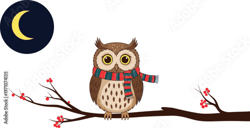 A cartoon owl wearing a colorful scarf perches on a blooming tree branch under a crescent moon
