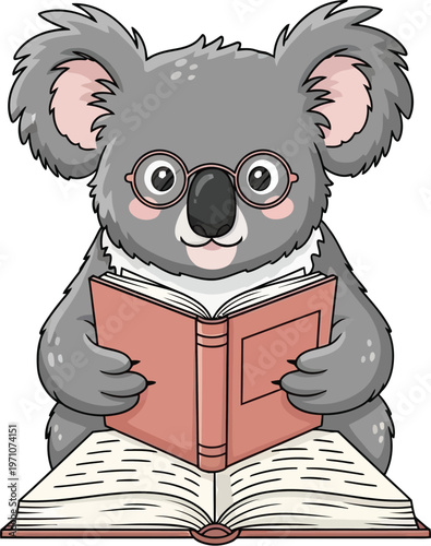 A cartoon koala bear reading a book with glasses on a white background