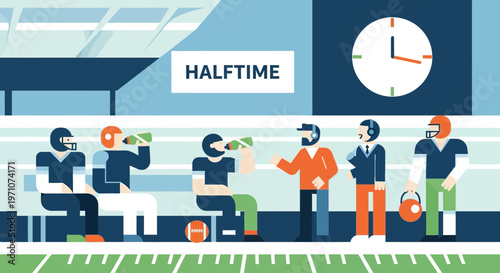 American Football Halftime Break: Players Resting, Coaches Briefing, Clock Ticking