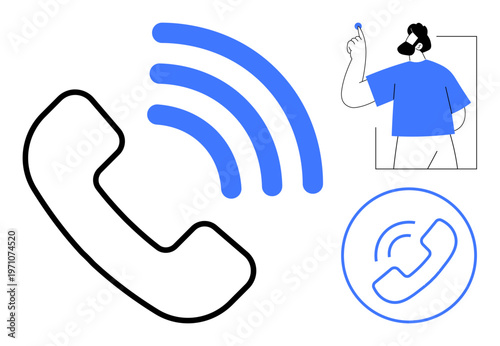 Digital communication, customer support, connectivity, remote interaction, telecommunication, wireless networks. ion of a phone icon, wireless signal and caller. Digital communication
