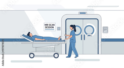 Nurse escorts patient on gurney into MRI scan room for medical imaging procedure