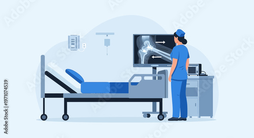 Nurse examining X-ray of knee joint on monitor in modern hospital room with patient bed
