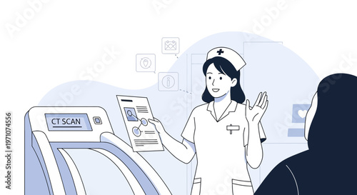 Nurse Explains CT Scan Results to Patient Next to Medical Imaging Machine