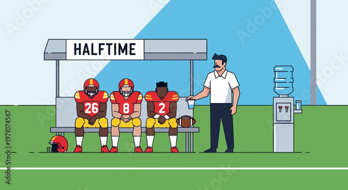 American Football Team Halftime Break on Bench with Coach