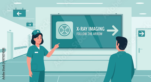 Nurse guides patient to X-ray imaging in hospital hallway with directional signs