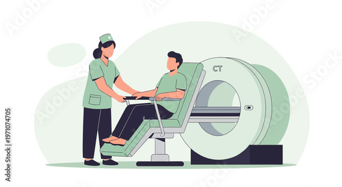 Nurse Assisting Patient in CT Scan Machine for Medical Imaging Procedure