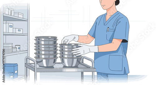 Nurse Arranging Medical Instrument Trays in Hospital Storage Room