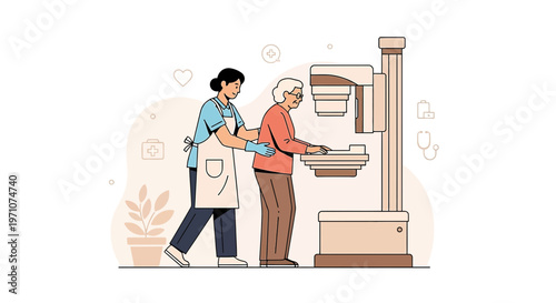 Nurse Assists Elderly Woman with Mammogram Screening for Breast Cancer Detection