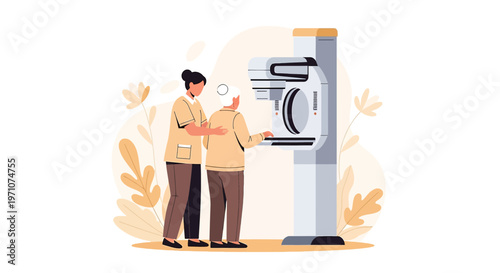 Nurse Assists Elderly Woman with Mammogram Screening Machine for Breast Cancer Detection