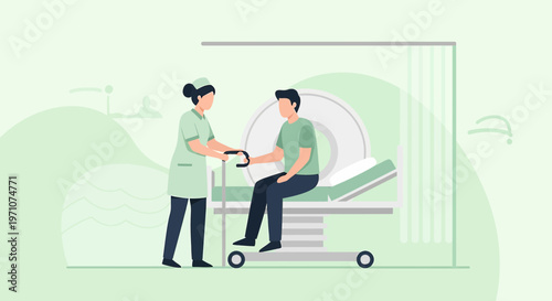 Nurse assists patient into MRI scanner for medical imaging procedure