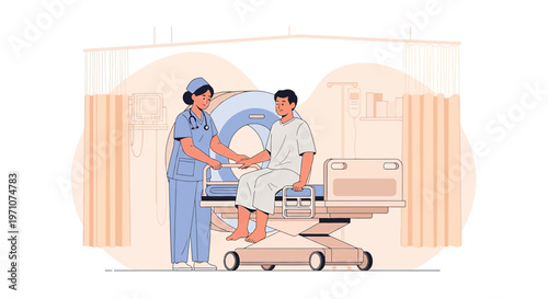 Nurse Assists Patient on MRI Scanner Bed in Medical Room