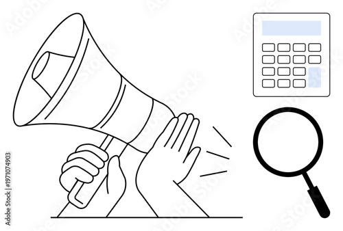 Digital marketing concept. Digital marketing with megaphone, calculator, and magnifying glass for strategy and communication. Digital marketing for advertising, analysis, communication, campaigns
