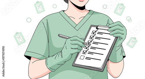Nurse checking checklist on clipboard, medical examination, healthcare concept