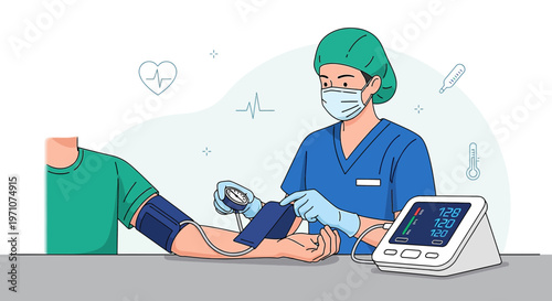 Nurse checks patient's blood pressure with modern equipment, medical checkup concept