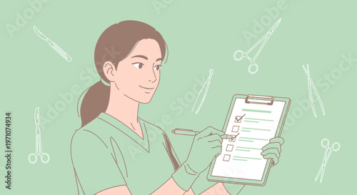 Nurse checking checklist with surgical instruments, medical concept